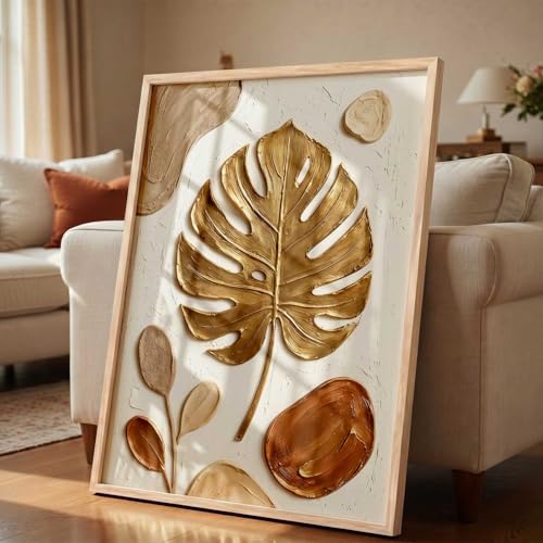 Image of kotart Golden Leaf Wall Art Home Decoration | Aesthetic Floral Paintings With Frame For Living Room Bed Room Hotel Wall Decor Digital Reprint (19x25 inch)
