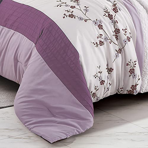 Chezmoi Collection Everly Queen Bed In A Bag 7-Pieces Luxury Lavender Purple Gray Cherry Blossom Floral Embroidery Comforter Set With Sheets All Season Bedding Set, Queen #TOP6