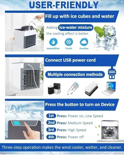 Image of Portable Air Conditioner Fan, 3-in-1 Personal Evaporative Air Cooler & Humidifier, Mini USB Desktop Cooling Fan with 3 Speeds, 7 Color LED Night Light for Home, Office, Bedroom, and Dorm (White)