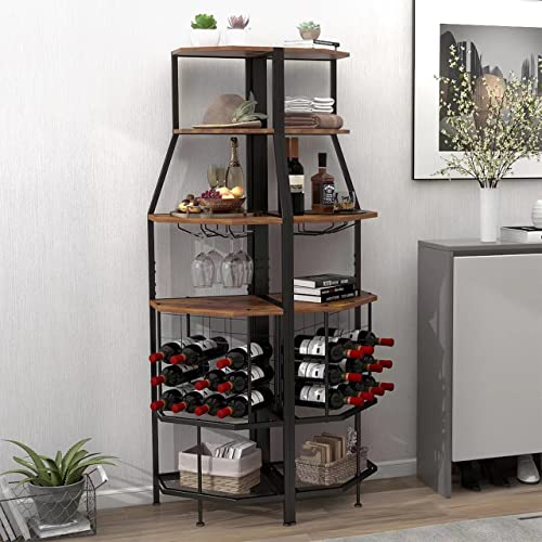 Espelism 5-Tier Corner Wine Rack Freestanding Floor With Glass Holder And Bottles Wine Storage Home Bar Furniture For Home Kitchen Dining Room Industrial Metal And Wooden Corner Shelf #TOP4