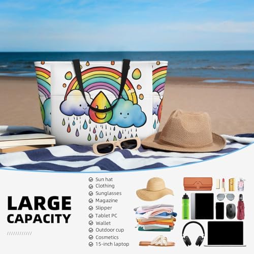 Large Capacity Beach Bag Waterproof Pool Tote for Gym Swimming Camping Carry On Bag Rainbow Cloud Raindrop Print2