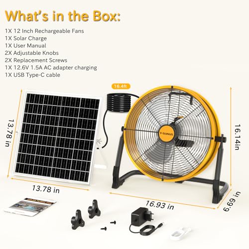 Miniatura 7 de T-Sunus Ventilador De Suelo Solar, Ventilador Portátil Sin Cable Con Doble Alimentación Solar Usb, Silencioso Velocidad Ajustable, Ventilador Solar Recargable Para Camping Exterior Terraza Emergencias