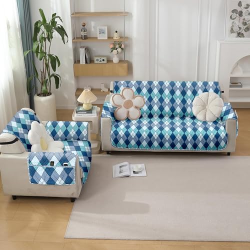 Image of Amazon Basics Printed Quilted Reversible Sofa Topper | 3 Seater | 170Cm X 175Cm | 325 GSM | Color - Navy Blue, Polyester Blend
