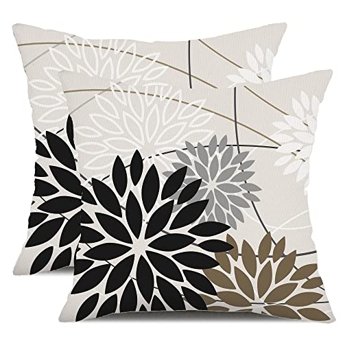 DFXSZ Black Brown Outdoor Pillow Covers 20x20 Inch Set of 2 White Gray Flower Throw Pillows Farmhouse Outdoor Modern Floral Polyester Square Cushion Case Decor for Sofa Patio Funiture Garden 01A20