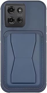 جراب حماية من الجلد مقاوم للصدمات مزود بفتحات لتخزين البطاقات وميزة الحامل المدمج مصنوع من جلد صناعي لمظهر أنيق وقبضة مريحة متوافق مع موبايل موتو G75 من ثري ام، لون أزرق