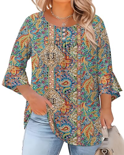 Rapbin Womens Plus Size Tops 3/4 Sleeve Crew Neck Tunic Spring Summer Button Down Office Work Blouses (Boho Print, XXL)