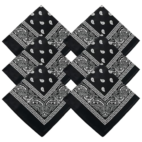 Lot de 6 Bandana Noir, Classique Foulard carré avec Motif Paisley, Rétro Style Bandana pour Femme Homme, Multifonction Foulard Cheveux,54 * 54CM