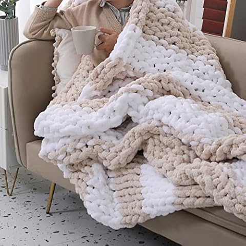 SUNYRISY Chunky Knit Blanket, Luxury Soft Cozy Chenille Throw Blanket, Large Throw Knitted Blanket for Couch, Sofa, Bed, Home Decor,Gift - Machine Washable (White & Beige, 50x60 in) Cover
