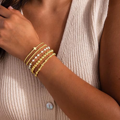 M MOOHAM Gold Bracelets for Women, 14K Gold Plated Beaded Bracelet - image 3