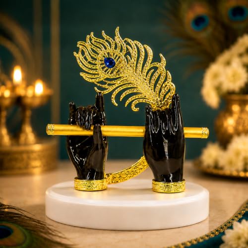 Image of CraftVatika Goldplated Krishna Black Hand with Flute Idol Peacock Feather Mor Pankh Showpiece,Housewarming Gift, Birthday Anniversary Wedding Janmashtami Gift, Home Decor Decoration Items for Living