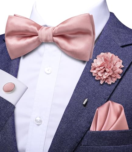 Image of Hi-Tie Pretied Bow Ties for Men Wedding Formal Bow Tie Handkerchief Cufflinks Lapel Pin Set Party Formal Mens Bowtie Set, Pink Solid, Medium