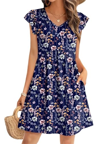 Image of OFEEFAN Summer Dresses for Women Beach Vacation Clothes V Neck Ruffle Sleeve Babydoll Dress Elegant Classy Sundress