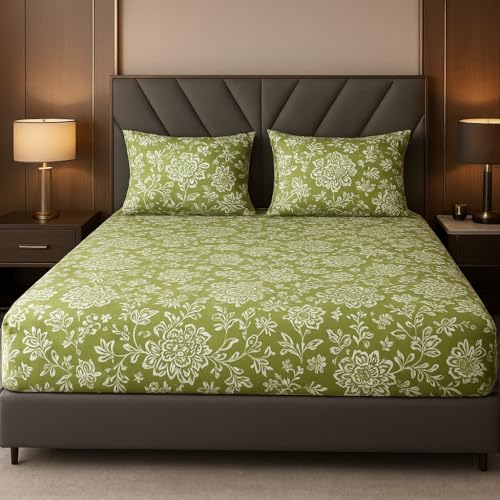 Image of 400TC Cotton Feel Glace Cotton Double Bed Fitted Bedsheet Set || Includes 1 Elastic Bedsheet King Size & 2 Pillow Covers (78 x 72 Inches, Aarchid Green)