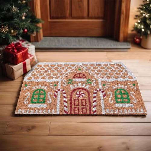 Folkulture Christmas Door Mat Outdoor Eco Friendly Christmas Door Mats for Front Door 28 X 16 Inch Welcome Matt or Doormat for Home Entrance Durable & Anti Slip Coir Door Mats (Gingerbread House)