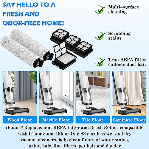 Replacement Parts for Tineco iFLOOR3, iFLOOR 3 Breeze Complete, FLOOR ONE S3, FLOOR ONE S3 Breeze, 2 iFLOOR3 Brush Roller Replacement and 4 Filter (NOT for iFLOOR, iFLOOR2, FLOOR ONE S5) LUXRILIX