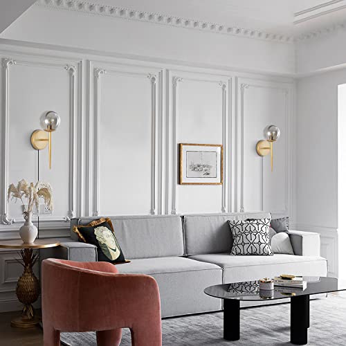 Image of BOKT 2-Light Plug in Wall Sconce with Smoky Gray Glass Shade Modern Globe Wall Sconce Bedside Lamp for Bathroom Bedroom Corridor