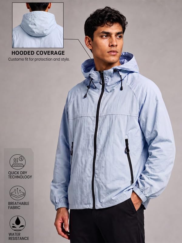 Image of CHKOKKO Windcheater Jacket For Men With Hood UPF 50+ UV Sun Protection | Lightweight Breathable Water-Repellent Windbreaker | Nylon Fabric Outdoor Running Biker Dailywear Jacket