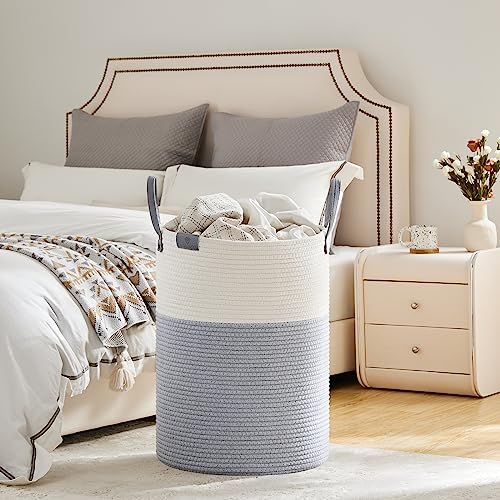 Image of VIPOSCO 100L Tall Woven Rope Laundry Hamper, Leather Handles, Grey & White | Large Wicker Laundry Basket for Dirty Clothes, Blanket, Toy, Towel, Yoga Mat, Storage Bin in Bedroom, Bathroom, Living Room