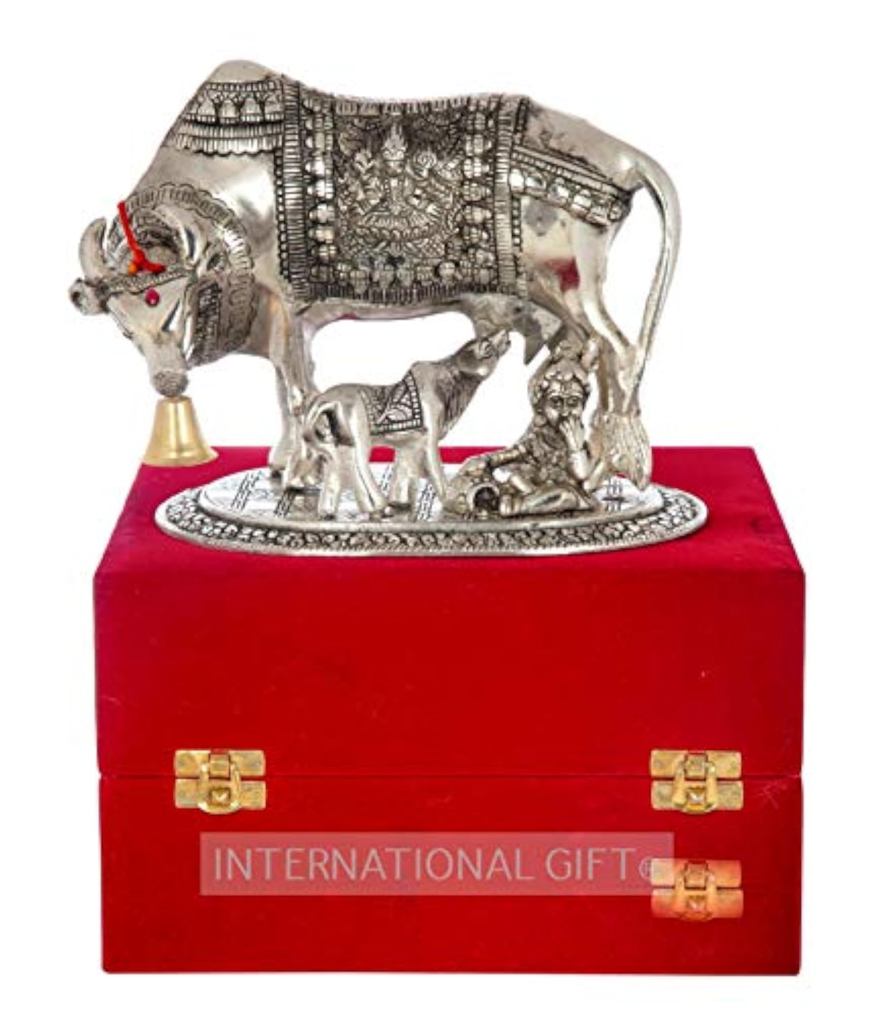 Silver Plated Kamdhenu Cow with Calf Figurine