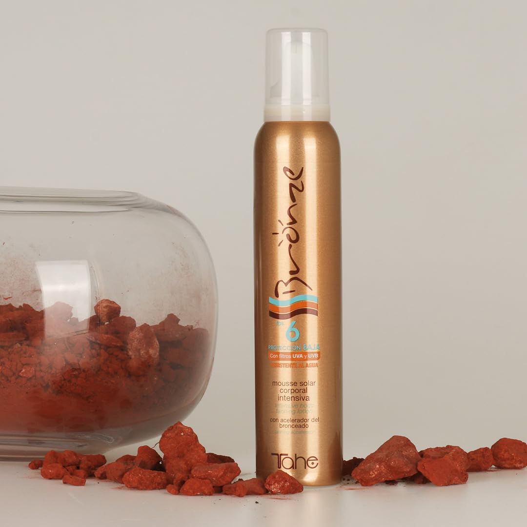 Tahe Bronze Protector Solar en Espuma Textura Mousse/Espuma Bronceadora Solar Intensiva Corporal con Activos Anticelulíticos y Reafirmantes, F.P.S. 6, 200 ml