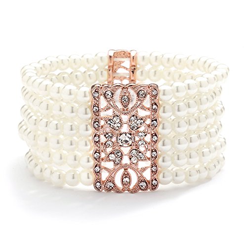 Mariell Ivory Pearl and 14K Rose Gold Plated Crystal Stretch Cuff Bracelet, Medium Size 6