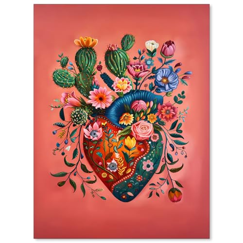 Mexico Blooming Heart Canvas Poster Colorful Vintage Botanical Wall Art Funky Trippy Pink Prints for Bed Living Room Apartment Wall Decor 12X16 inch Unframed