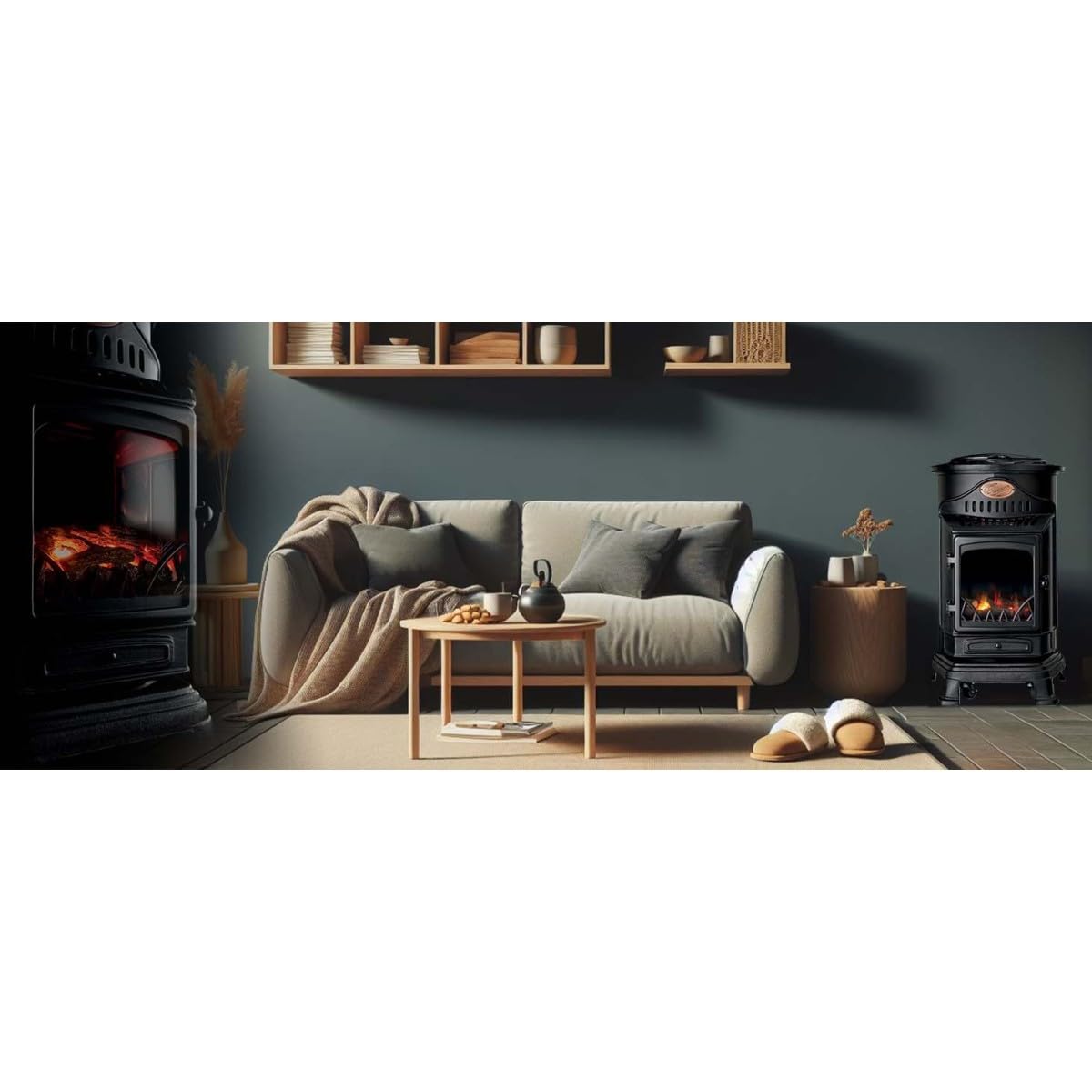 Universal - Poêle à gaz Provence 3,4KW Noir Fonte Véritable, Chauffage d'appoint Effet feu de Bois + Accessoires gaz Inclus : Tuyau gaz + Détendeur Butane