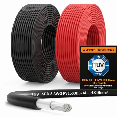 8 AWG Solar Panel Wire 2x100 FT 1500V DC PV Wires 10mm Flexible 80 Strands Aluminum Alloy Solar Extension Cable TUV Certified Photovoltaic Wire for RV Marine Off-Grid System (Black & Red)
