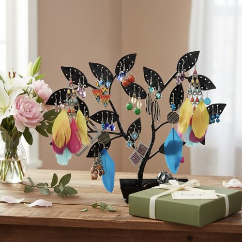 Image of MyGift Jewelry Tree w /Bird Nest 48 pair Earrings Holder, Bracelets /Necklace Organizer Stand (Black Metal)