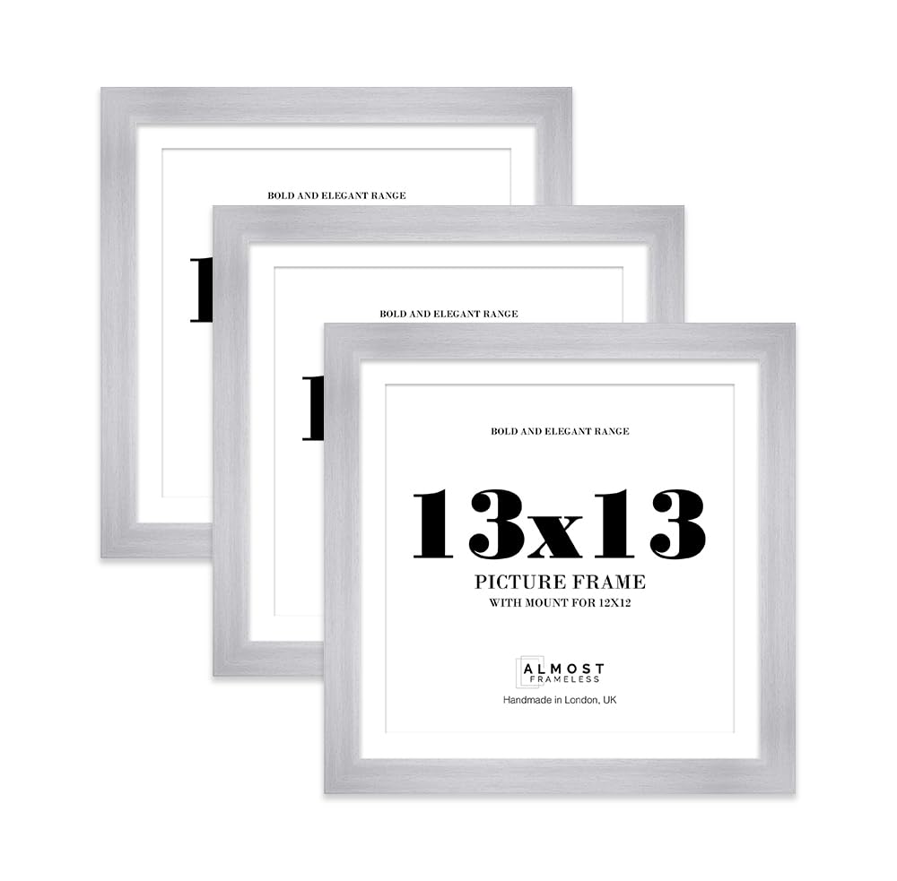 13x13" Silver Square Frame With Mount for 12x12" Pictures 28mm Edge Frame Display with Wall Hooks, 3 Pack