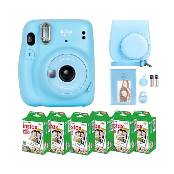 Fujifilm Instax Mini 11 Camera with Fujifilm Instant Mini Film (60 Sheets) Bundle with Deals Number One Accessories Including Carrying Case, Selfie Lens, Photo Album, Stickers (Sky Blue)