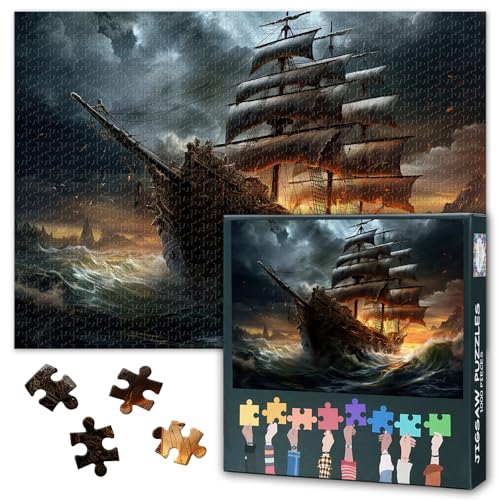 1000 Piece Jigsaw Puzzle for Adults Pirate Ship in Stormy Sea Epic Nautical Battle Challenging Ocean Adventure Puzzle Wall Art Home Decor Gift 27.5x19.7 Inches