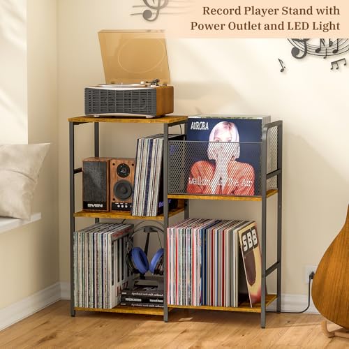 Image of ThreeHio Record Player Stand with Power Outlets, Turntable Stand with Vinyl Storage Holds up to 300+ Albums, Storage Cabinet for Vinyl Records, Record Player Table with LED Light for Living Room