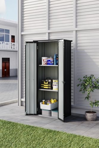 Warmiehomy Metal Garden Shed with 2 Adjustable Shelves, Lockable Outdoor Storage Cabinet, Waterproof Metal Cupboard for Gardening Tools & Equipment, 78x49x173.5 cm, Carbon Black - Image 3