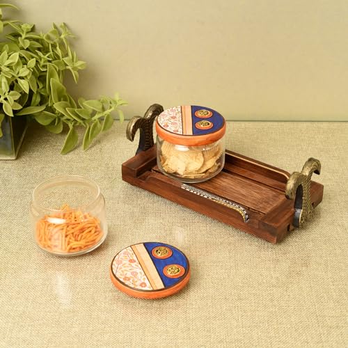 Image of AAKRITI ART CREATIONS Joyful Noshing S02 Wooden Tray with 2 Glass Jars | Dhokra Warli Fusion Art | Multi-Colored Matte Finish | Wood & Glass Kitchen Storage & Decor