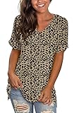 NILOUFO Womens Summer Casual T Shirts Rolled Short Sleeve V Neck Blouses Tops Tunics(A:Leopard Khaki