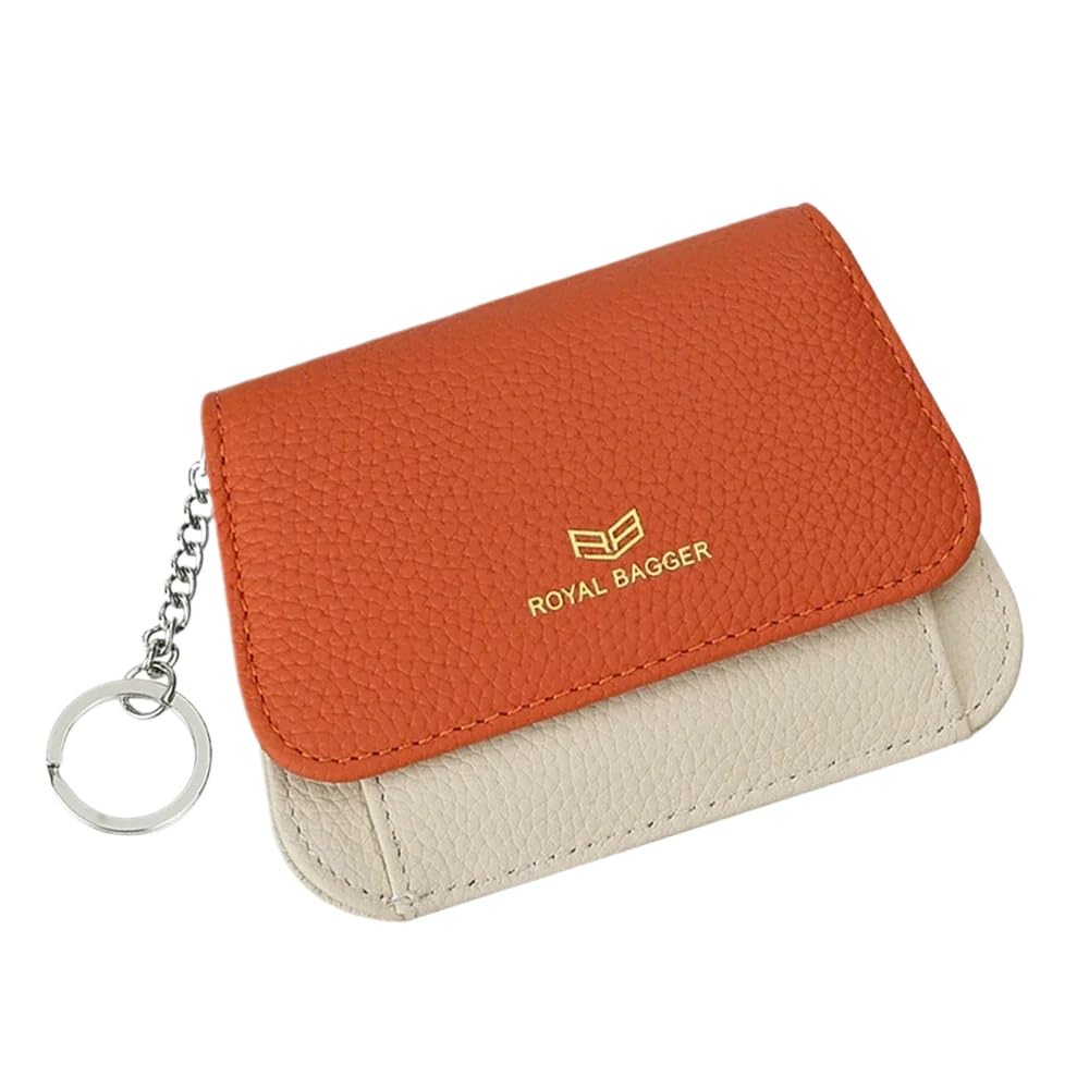 Royal Bagger Multi-Karte Slots Kurze Brieftasche, Echtleder Kreditkartenhalter, RFID Blockieren Karte Münze Tasche mit Schlüsselanhänger 1943 (Orange-Weiß)