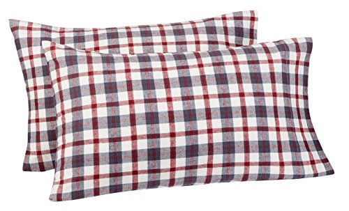 Amazon Brand – Pinzon 160-Gram Plaid Flannel Cotton Pillowcases, Set of 2, King, Red / Grey Plaid