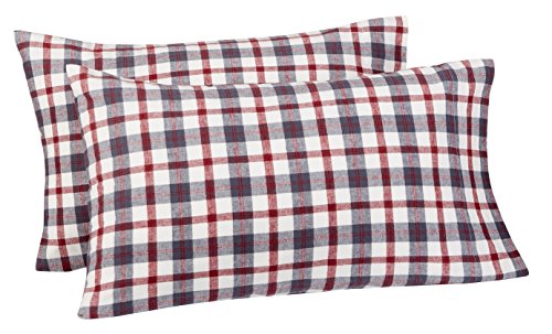 Amazon Brand – Pinzon 160-Gram Plaid Flannel Cotton Pillowcases, Set of 2, Standard, Red / Grey Plaid