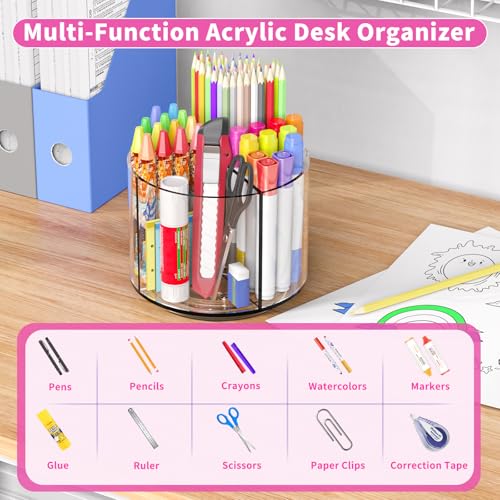 Image of Wawocs Small Pencil Organizer for Desk Acrylic 4 Compartments, Tiny Rotating Art Supply Organizer Kids, Spinning Round Marker Small Clear Desktop Caddy Swivel Office Pen Pencil Holder