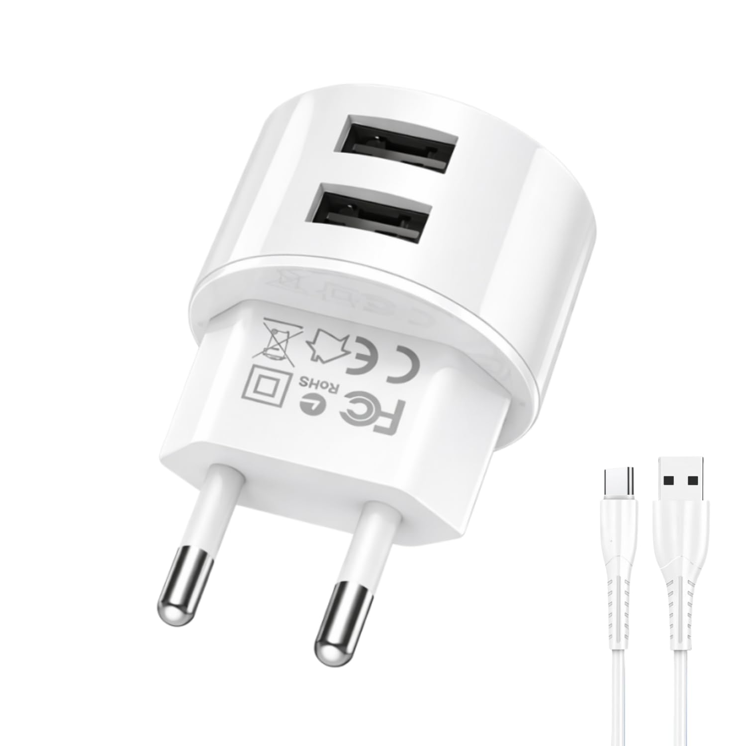 Caricatore USB C, 5 V, 2,1 A, 2 porte, alimentatore di rete USB piatto, adattatore di presa USB con cavo di ricarica USB-C per smartphone/tablet/lettori MP3-MP4/e-book/navigatore/ecc