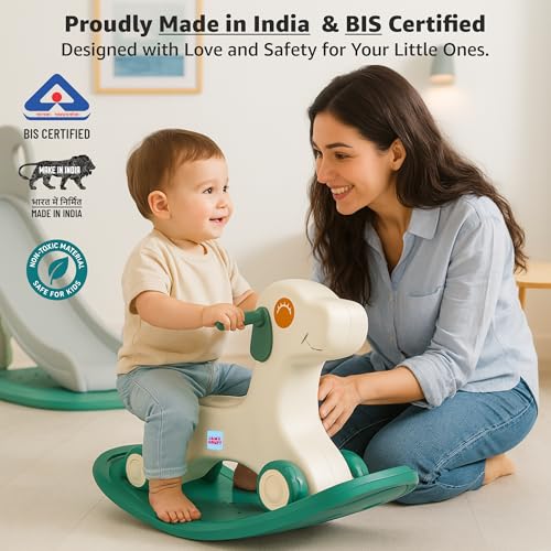 Image of Amazon Brand - Jam & Honey 3-in-1 Puppy Push On Ride On Rocker for Kids | Balancing Board | Backrest | Easy Grip | Four Wheel | Durable and Safe | Lightweight | Animal Theme | 12 Months+ | Green