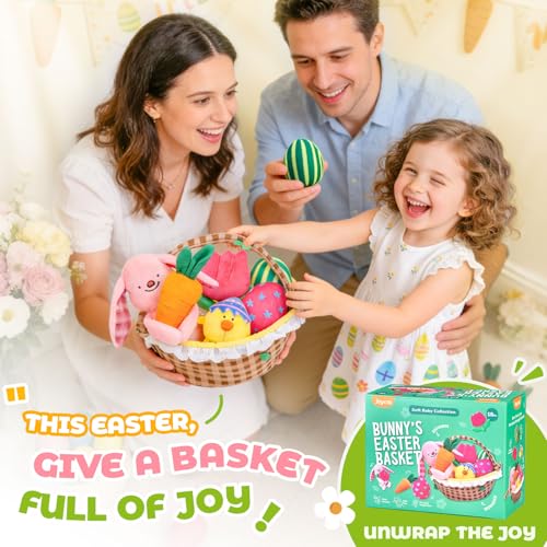 Image of JoyCat Baby Easter Basket, Easter Gifts for Baby Girl Boys Toddlers Kids, 6 PCS Plush Sensory Playset with Bunny Chick Egg Carrot Tulip Toys, Rattle, Squeaker & Crinkle Plush Toys, Easter Egg Hunt