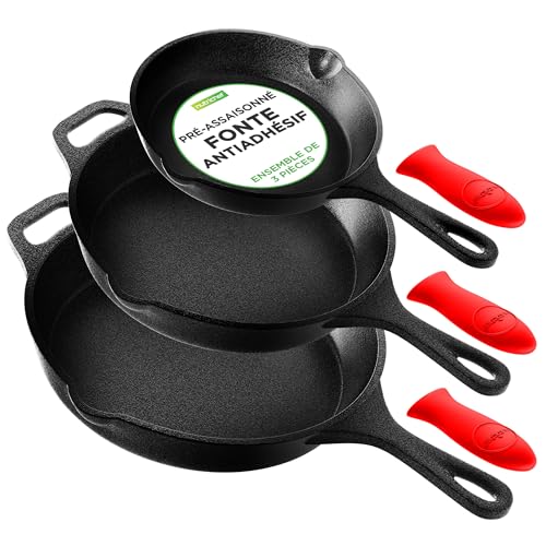 NutriChef Poêles en Fonte Induction 3 Pièces – Set de Poêles à Frire Pré-Assaisonnées avec Culottage, Tous Feux, Becs Verseurs, Poignées Silicone,...