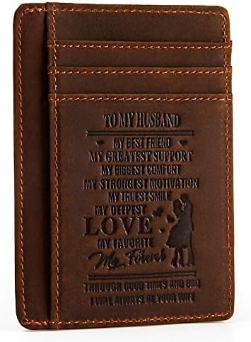 Men's Engraved Leather Front Pocket Wallet - To my husband Genuine Leather RFID Blocking slim Wallet Card Holder