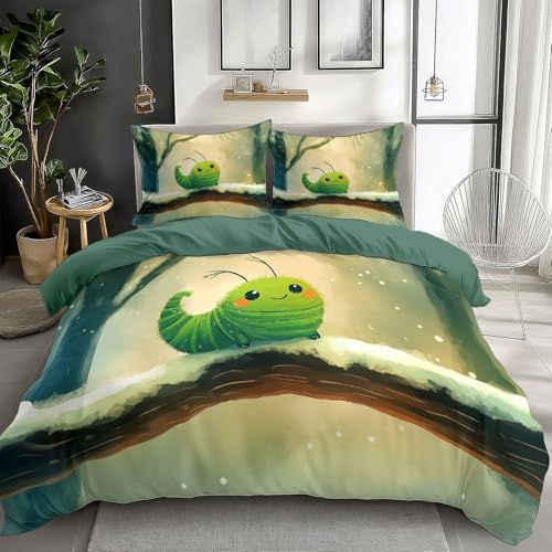 Verde Claro Funda Nórdica 150x220 cm (Cama 90) Dibujo De Oruga Verde Funda de Edredón Polialgodón con Cremallera, Juego de Ropa de Cama con 1 Funda nórdica y 2 Fundas de Almohada
