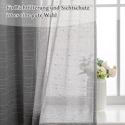 MYSKY HOME Gardinen mit Ösen Vorhänge Wohnzimmer Voile Vorhang Modern Gardine 2er Set Schlafzimmer Weiss Gestreift Muster Vorhang Halbtransparent Streifen H 225 x B 140, Dunkelgrau.