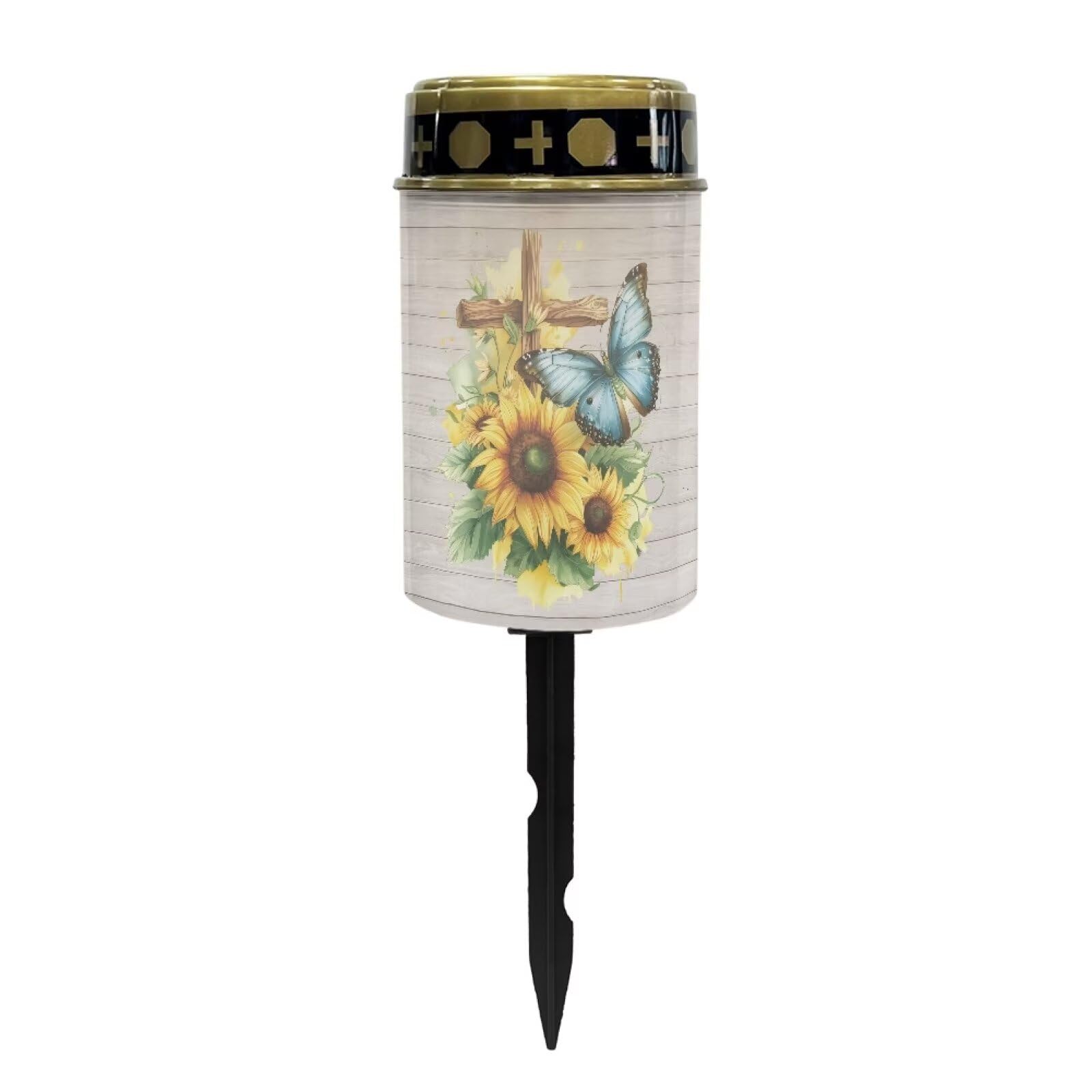 Butterfly Print Solar Lights for Cemetery Outdoor Waterproof Led Flameless Candle Cross Sunflower Cemetery Solar Lights Grave Decoration Memorial