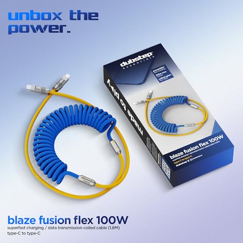 Image of Dubstep Fusion Flex 100W Coiled Type-C to Type-C Fast Charging Cable, 1.8M, 480Mbps Data, Knurled Metal Connector, Nylon Braided, PowerBlitz Technology (Blue & Yellow)