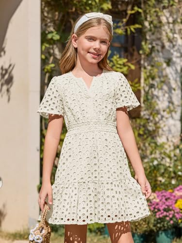 Haloumoning Girls Summer Dresses Kids V Neck A Line Hollow Out Party Mini Dress for 5-14 Years2